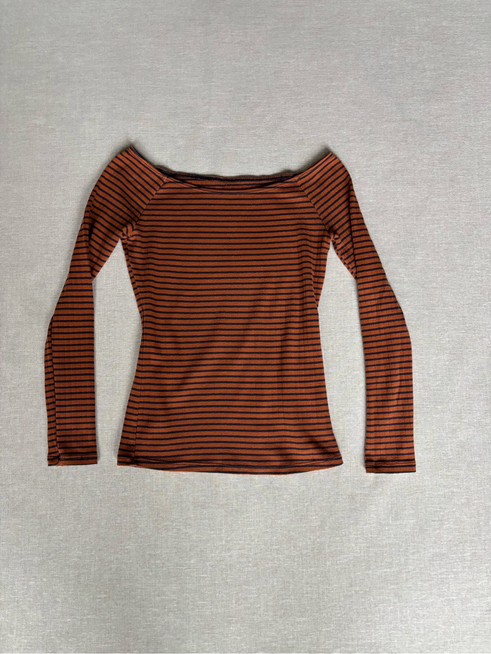 American Apparel the Carmen rust & navy striped off the shoulder top XS